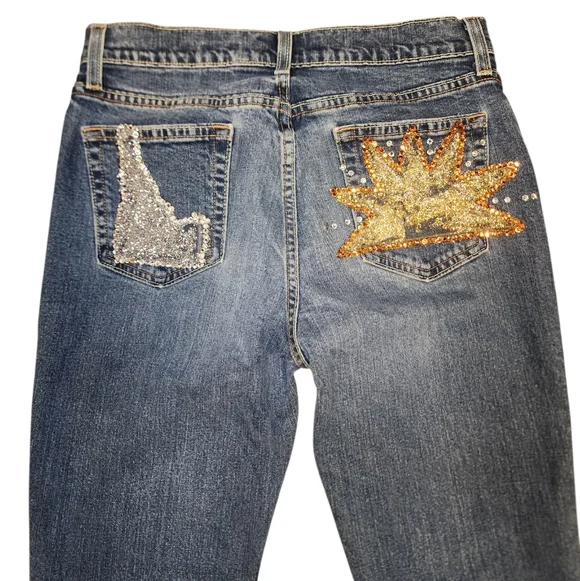 ​VTG Old Navy Y2K Lace Flare Jeans Bedazzled Idaho Star Size 8 Long Custom - Picture 7 of 12